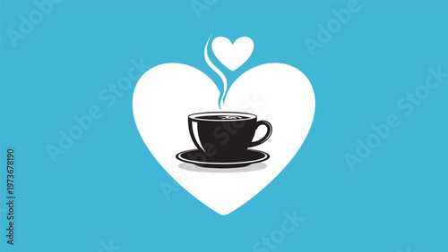 Stylized silhouette of a steaming coffee cup inside a large white heart on a blue background, representing love for coffee and morning habits.