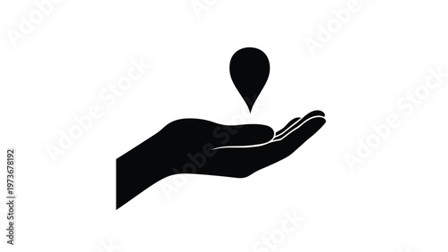 Minimalist black silhouette of a hand holding a single droplet on a white background, representing water conservation, oil, or health themes.