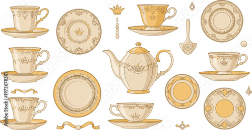 Vintage Royal Tea Set with Golden Crown Design, Includes Teapot, Cups, Plates, and Accessories