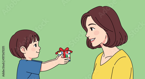 Child giving gift to smiling woman.