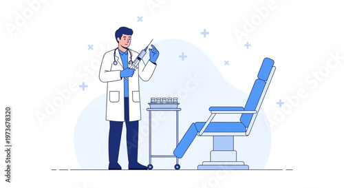 Doctor holding syringe in clinic with examination chair and medical supplies