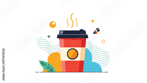 Stylized illustration of a coffee to-go cup with steam and abstract shapes representing morning energy and daily caffeine routine.