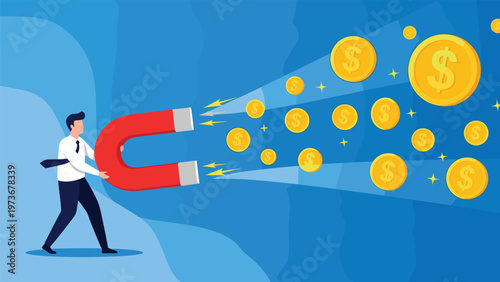 Businessman using a giant horseshoe magnet to attract many gold coins representing financial success, profit, and wealth creation.