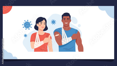 Happy couple showing small bandages on their arms after receiving a vaccination during a virus pandemic for health and safety.