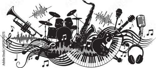 Music Instruments and Notes in Black and White Illustration
