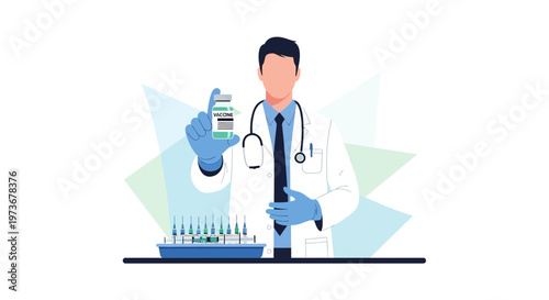 Doctor holding vaccine vial and syringes, medical research, healthcare concept