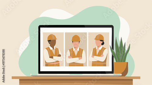 Diverse construction workers illustration on laptop screen, engineering team