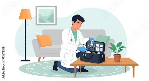 Doctor in white coat examining medical kit at home, healthcare concept