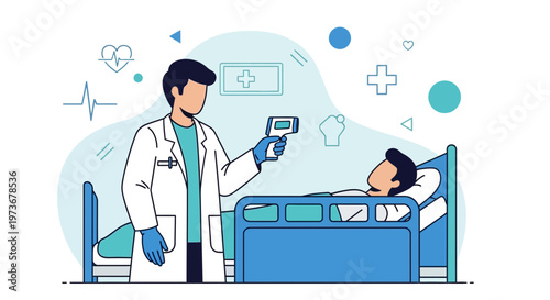 Doctor measures patient's temperature with infrared thermometer in hospital room, medical checkup