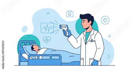 Doctor measures patient's temperature with infrared thermometer in hospital room, healthcare concept