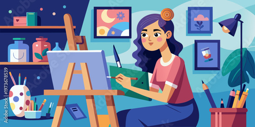 A young female artist is focused while working on a painting in the studio. Art, painting, studio
