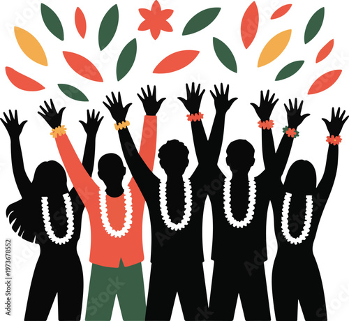 Group of people silhouettes celebrating with leis and raised hands, joyful festival