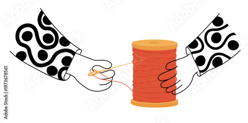 His hands are holding a needle and a skein of thread. Vector stock illustration. Isolated on a white background. The hands of a needlewoman seamstress. Atelier logo