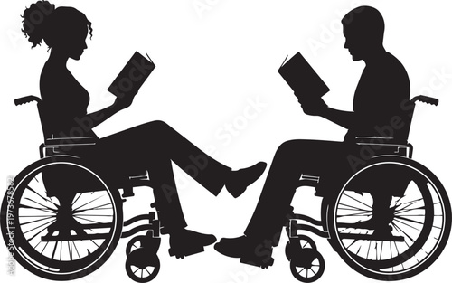 Silhouette of two people in wheelchairs reading books vector illustration