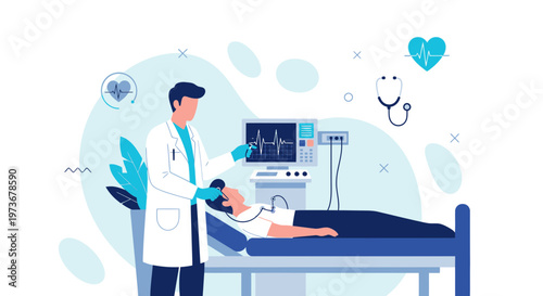 Doctor monitoring patient on hospital bed with ECG machine, medical healthcare concept