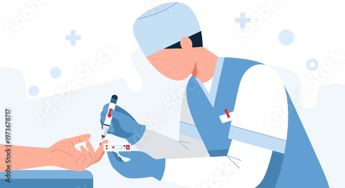 Doctor performs blood glucose test on patient's finger for diabetes monitoring