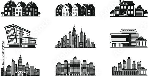 Modern and Traditional Architecture Illustrations Featuring Residential Houses, Skyscrapers, and Cityscapes in Black and White