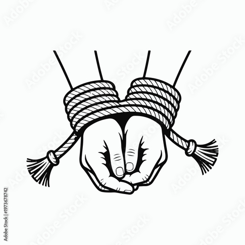 Hands bound tightly with thick rope, symbolizing restriction, captivity, and control, a powerful visual for overcoming adversity or limitations