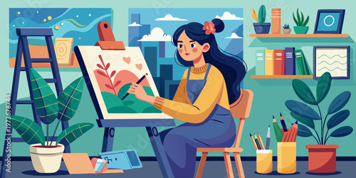 A young female artist is focused while working on a painting in the studio. Art, painting, studio
