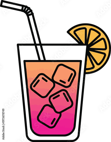 Refreshing fruity drink with ice cubes and orange slice garnish and straw