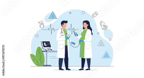 Doctor performs ultrasound on pregnant woman, medical checkup, healthcare concept