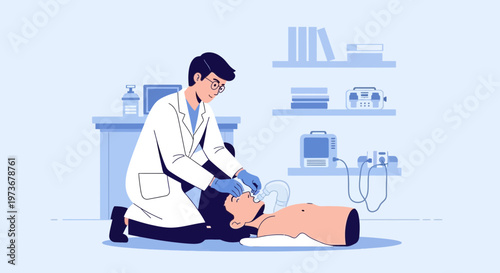 Doctor practicing CPR on a dummy in a medical training session