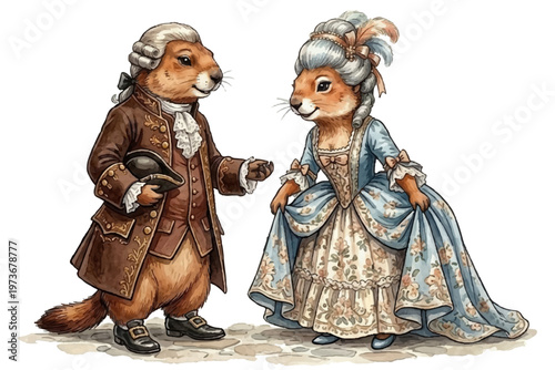 Beaver couple in ornate 18th-century costumes. Male in brown coat with lace cravat, female in blue floral rococo gown and powdered wig. Historical ball, isolated.