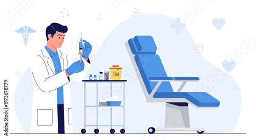 Doctor preparing injection in clinic with medical equipment and chair