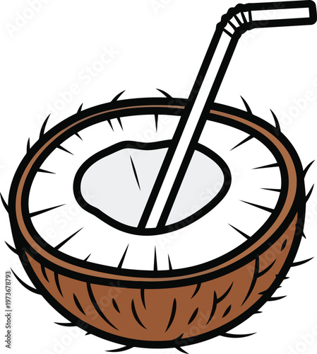 Refreshing tropical coconut drink with a straw halfopened showing its white flesh