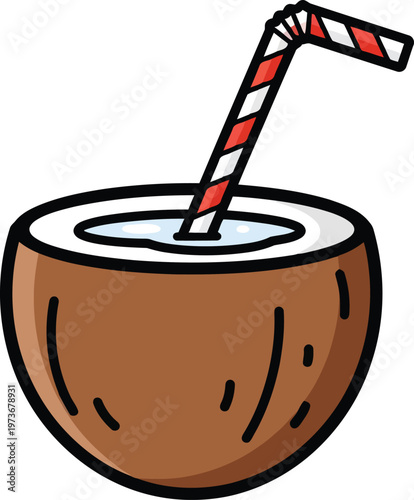 Refreshing tropical coconut water with a striped straw ready for enjoyment