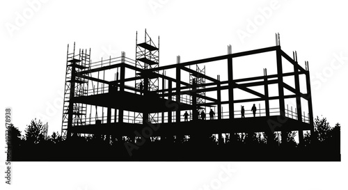 construction building site silhouette with workers on a steel frame and scaffolding depicting urban development and industry.