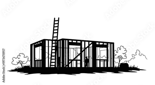 house framing a new house construction project with two workers on a building site ideal for home building and architectural progress.