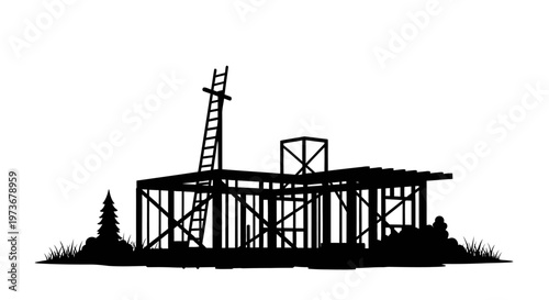 house construction wood frame silhouette with a ladder on a building site representing new home development.