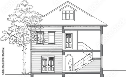 House Section Architectural Illustration Featuring Floor Plan and Exterior Design for Real Estate, Architecture, and Home Design Projects