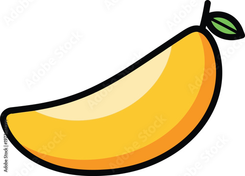 Simple cartoon drawing of a ripe yellow banana with a green leaf and stem isolated on transparent background