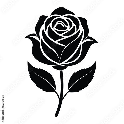 Beautiful Black Rose Silhouette with Green Leaves Vector Illustration
