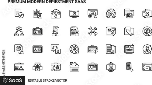Premium modern SaaS deployment and system management line icon set featuring configuration monitoring automation and platform tools
