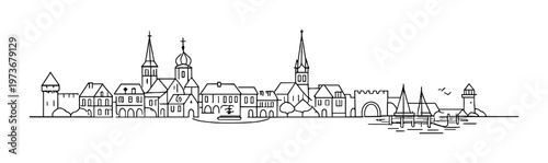 Town skyline line drawing along coast with pier and sailboats