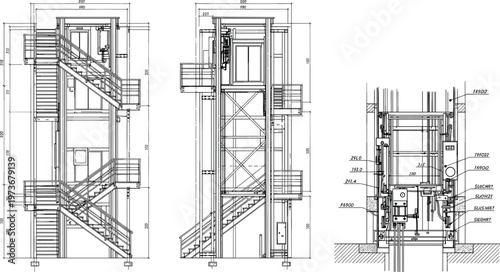 Technical architectural drawings featuring industrial elevator shaft designs with integrated metal staircases and detailed mechanical components for vertical transportation vector