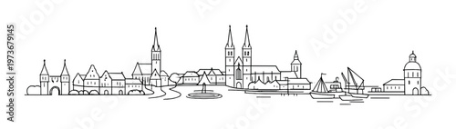 Town skyline drawn along shore with harbor and boats