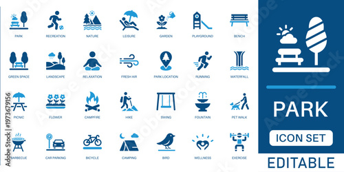 Park and recreation icon set. featuring nature, camping, hiking, playground, garden landscape, city park benches, and leisure activities in blue flat design.