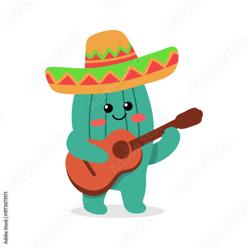 Cute cactus playing guitar Cinco de Mayo cartoon illustration