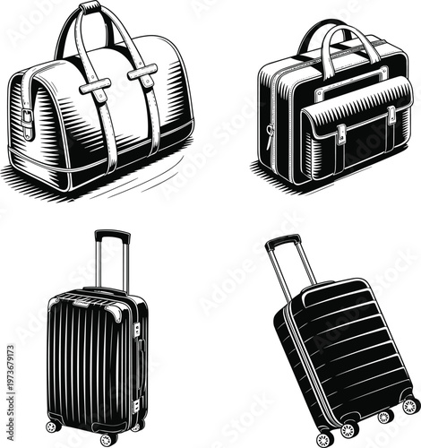 Set of travel luggage and bags illustrations, vintage duffel and modern suitcase silhouettes, vector journey accessories for vacation tourism design.