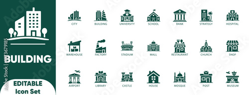 Building icon set. editable, hospital, planning, real estate, school, court, map, government, office, warehouse, post, Solid icon collection.