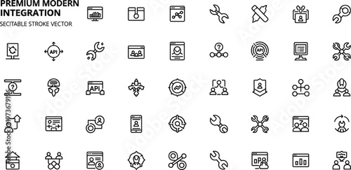 Premium modern SaaS integration and API management line icon set featuring system connection developer tools automation and platform workflow