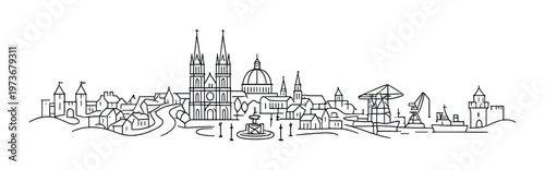 Line drawing of cityscape with cathedral spires and harbor cranes