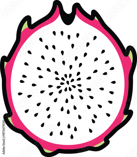 Stylized illustration of a crosssection of a vibrant pink dragon fruit slice revealing black seeds