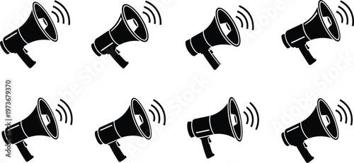 Black and white illustration of eight megaphones arranged in a grid pattern