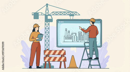 Architects and engineers planning construction project on digital screen