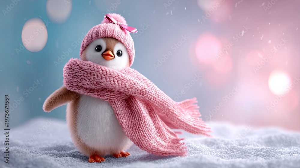 Obraz premium Cute penguin wearing a pink knitted hat and scarf in a snowy winter wonderland. Adorable animal character for Christmas or New Year greeting card banner.